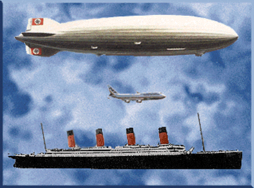 Srovnání velikosti Hindenburgu s dnešním běžným dopravním letadlem a s Titanicem.