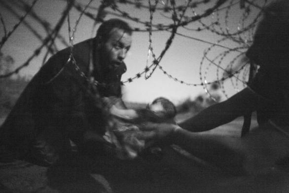 Zřejmě syrský uprchlík podává své dítě přes žiletkový drát na srbsko-maďarské hranici. (Warren Richardson, Austrálie) 