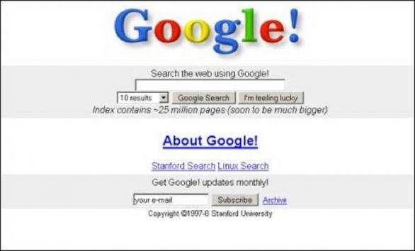 Takto vypadala první verze Googlu. Vzhled se dodnes příliš nezměnil, funkce a hodnota společnosti ale urazily dlouhou cestu.