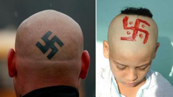 Pozorný čtenář jistě sám pozná, že vlevo je neonacista a vpravo hinduistické dítě.