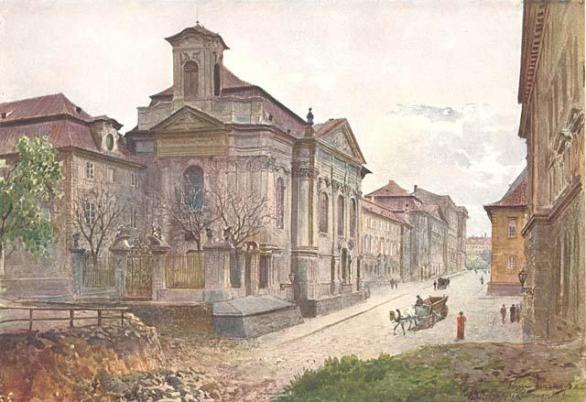 Kostel na obraze Václava Jansy z konce 19. století. Tehdy byl jako bývalý kostel sv. Karla Boromejského používán pro účely výuky technických oborů a jako sklad.
