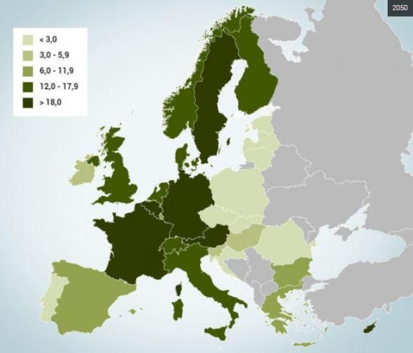 Procento muslimů žijících v Evropě v roce 2050.