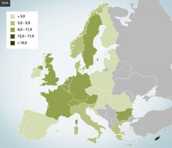 Procento muslimů žijících v Evropě v roce 2016.