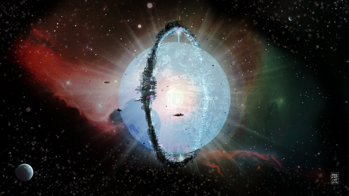 Umělecká představa neúplné Dysonovy sféry vybudované kolem hvězdy