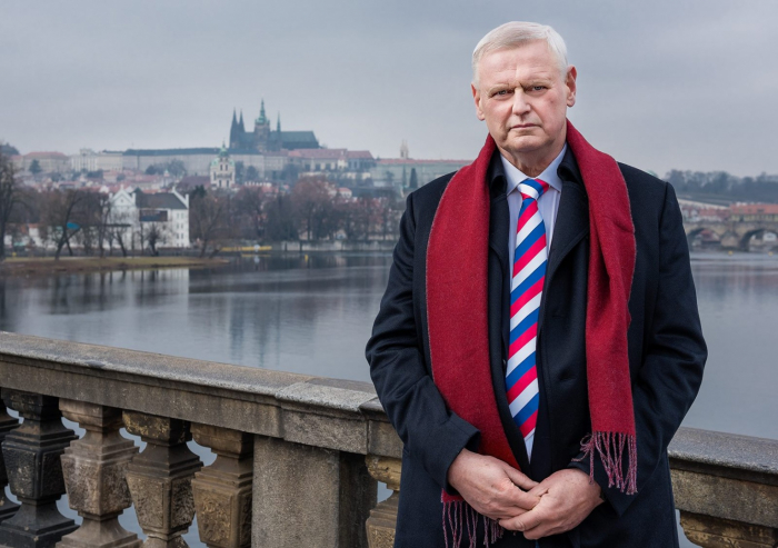 Český vlastenec kandidující na prezidenta v kravatě s ruskou trikolorou. A to je na tom všem ještě to nejnormálnější.