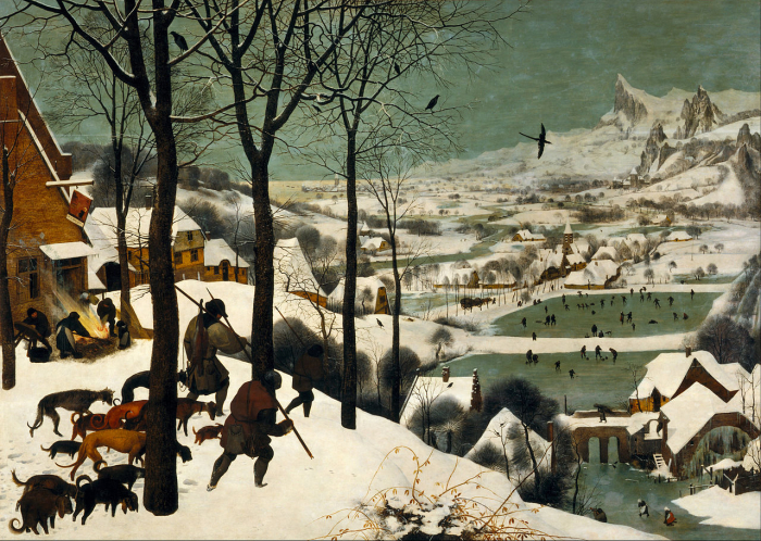 Jeden z nejslavnějších obrazů znázorňujících první okamžiky začátku tehdejší „malé doby ledové“. Pieter Breughel: Lovci ve sněhu (1565)
