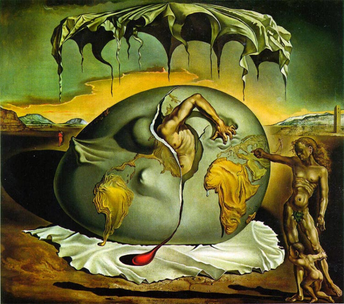 Salvador Dalí: Geopolitické dítě sledující narození nového člověka (1943). Surrealistický obraz, v němž ‚vykladači‘ uměleckých děl spatřují vedle mnoha dalších věcí také symbol bolestivé obřízky.