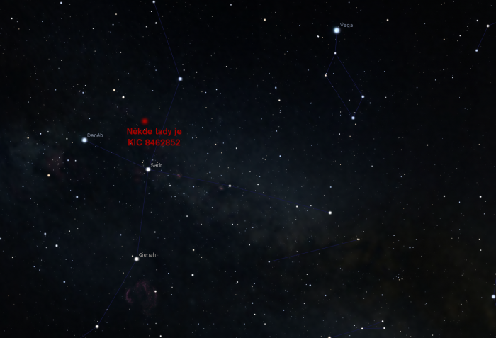 Když se po setmění postavíte směrem k jihovýchodu a zvednete hlavu, uvidíte tohle – souhvězdí Labutě (Cygnus) s nejjasnější hvězdou Deneb a vpravo od něj menší souhvězdí Lyry (Lyra) s nejjasnější hvězdou Vega