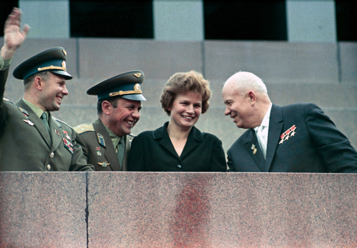 Nikita Khrushchev, Valentina Tereshkova, Pavel Popovich and Yury Gagarin 