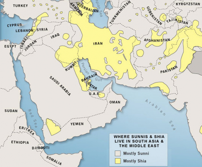 Světle šedé oblasti obývají především sunnité, žluté oblasti především šíité