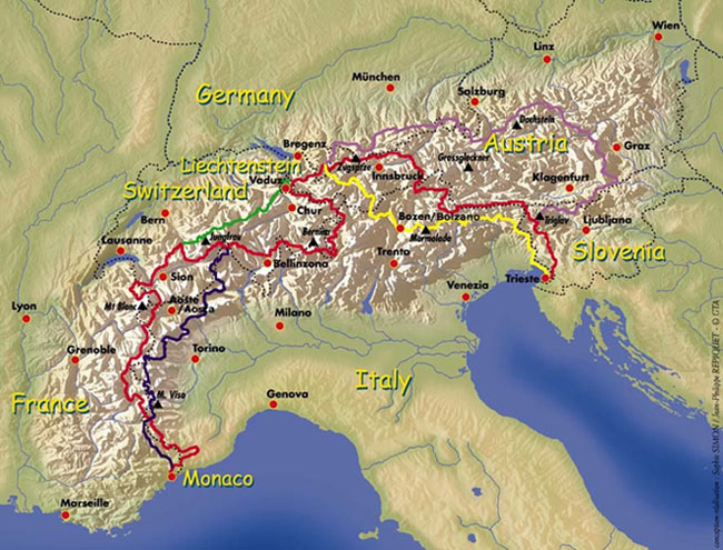 Via Alpina je síť pěti hlavních tras Alpami