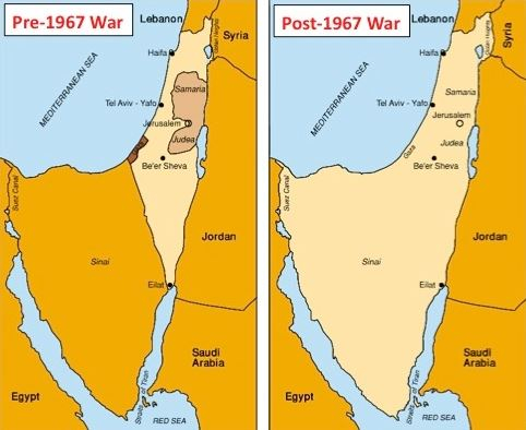 Mapa Izraele před a po šestidenní válce.
