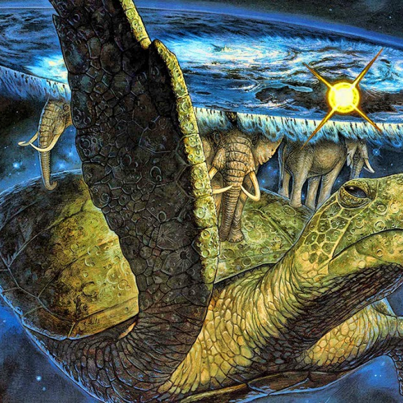 Zeměplocha je fiktivní svět, který nesou sloni stojící na želvě, která pluje vesmírem. Prostě geniální.