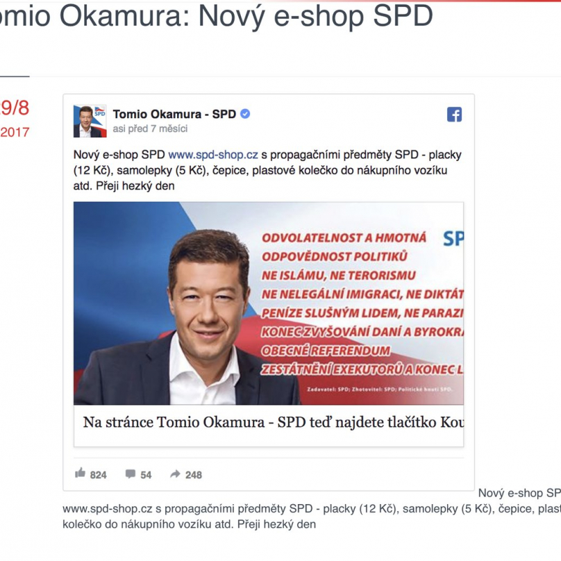 E-shop podle všeho napadl SPD teprve nedávno