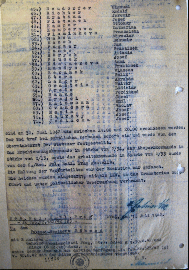 Německý protokol o popravě Josefa Mašína. Jeho jméno je uvedeno u čísla 69.