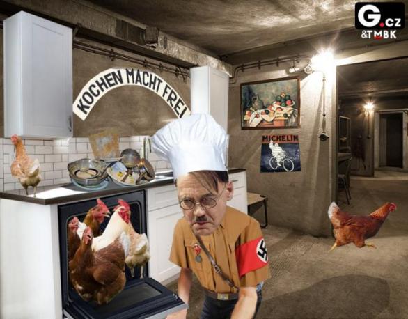 Pan Adolf v kuchyni zoufale řeší konečné řešení kuřecí otázky