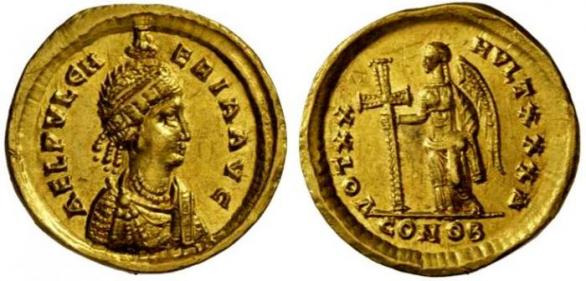 Aelia Pulcheria (399 - 453) se dočkala i vyobrazení na římských mincích.
