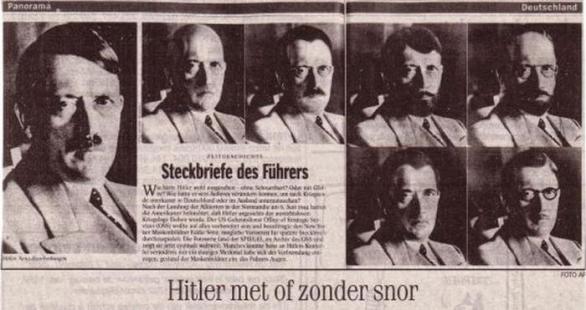 Fotomontáže zpracované FBI v roce 1945, jak by mohl Hitler měnit podoby, pokud se mu podařilo sebevraždu narafičit pomocí dvojníka a ve skutečnosti uprchl.