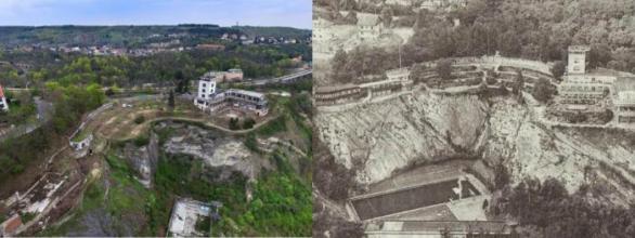Letecký pohled na celé Barrandovské terasy dnes a dříve