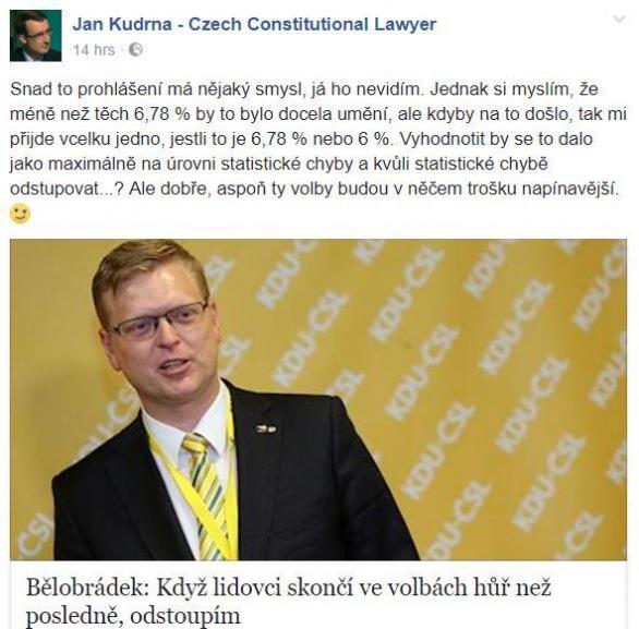 Ústavní právník Jan Kudrna Bělobrádkovo počínání píliš nechápe. Není divu.