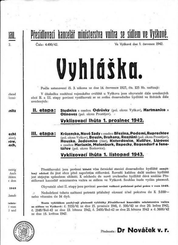Jedna z mnoha vyhlášek, kterými bylo realizováno vysidlování Čechů na území Protektorátu.