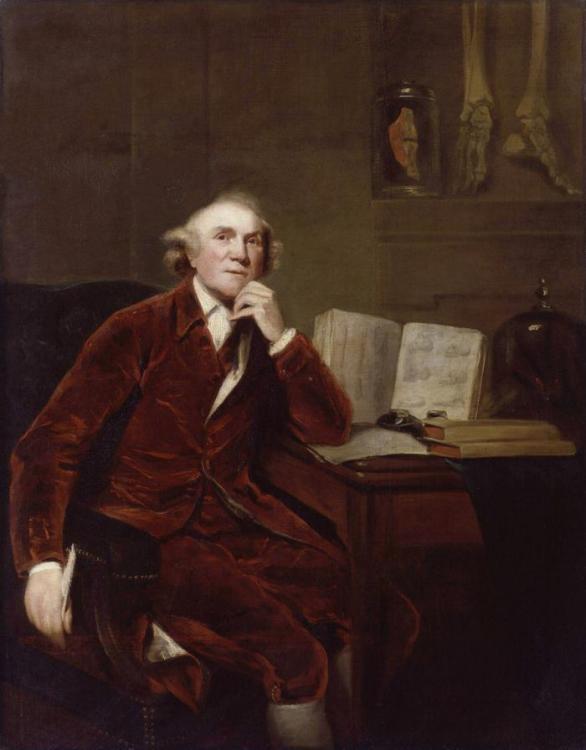 John Hunter zvěčněný na malbě Johna Jacksona z roku 1813. Tedy dvacet let po své smrti. Jedná se ve skutečnosti o kopii podle staršího portrétu od Joshui Reynoldse z roku 1786, tedy sedm let před Hunterovým skonem (na infarkt!)