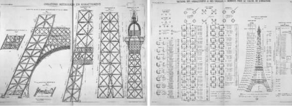 Detailní nákresy Eiffelovy věže včetně konstrukčních prvků