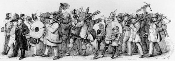 Dobový dřevoryt znázorňující ‚Oktoberfestový‘ průvod 18. října 1845