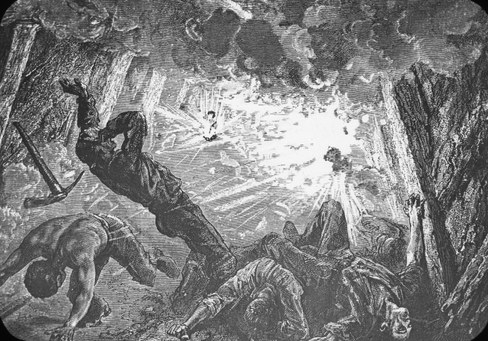 Umělecká představa, jak vypadalo jedno z největších důlních neštěstí historie ve velšském Colleiry 14. října 1913. Většinu z 439 mrtvých horníků nezabila sama exploze, ale otrava oxidem uhelnatým.