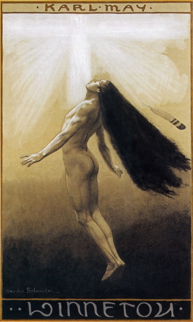 Vinnetouova smrt a nanebevstoupení na obálce knihy z roku 1904 od umělce Saschy Schneidera