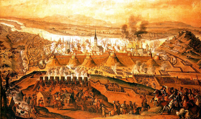 Obléhání osmanské Budapešti (1686) na obraze Franse Geffelse