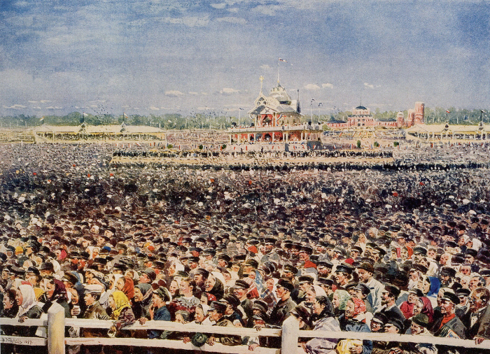Shromáždění při korunovaci Mikuláše II. – akvarel A. Makovského