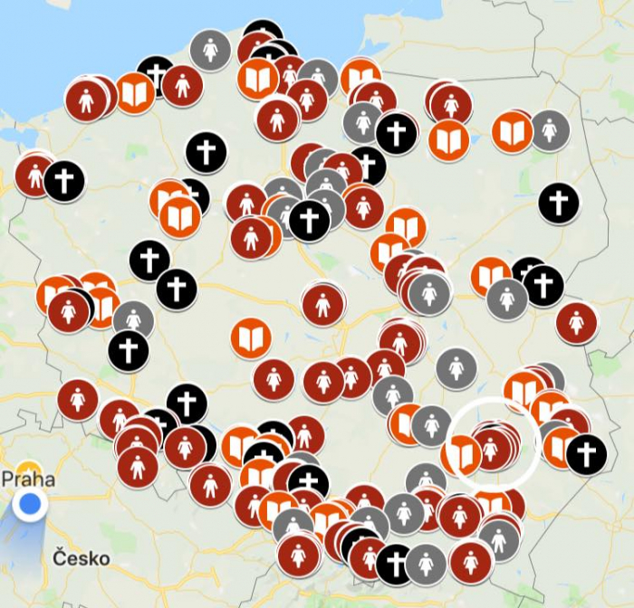 Mapa skandálů pedofilních kněží v Polsku.