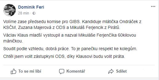 Facebookový status Dominika Feriho k volbě šéfa komise pro kontrolu GIBS.