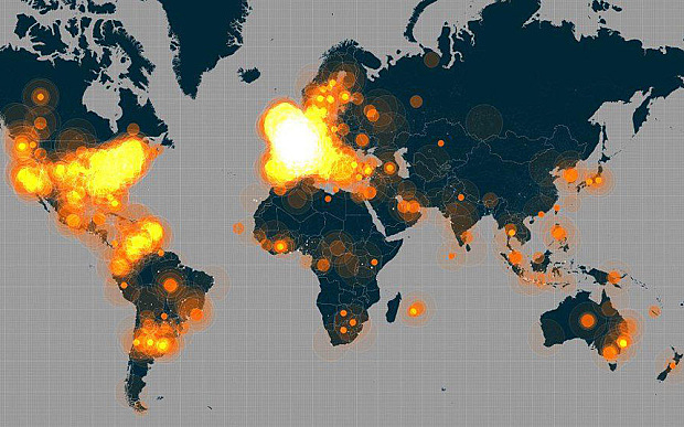 Heat mapa oblastí, kde se nejčastěji postoval slogan nebo hashtag Je suis Charlie v týdnu následujícím po útocích na pařížskou redakci