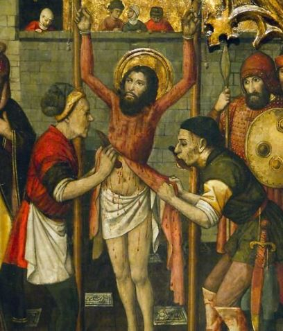 Svatý Bartoloměj se nezdá být tím, že ho stahují z kůže, příliš znepokojen.