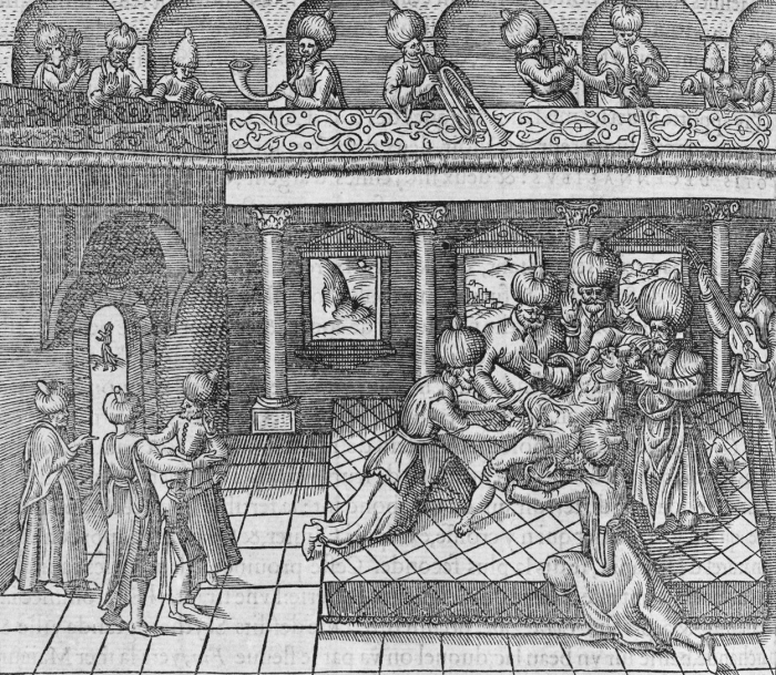 Rituál obřízky je rozšířený i mezi muslimy. Tahle rytina ze 16. století znázorňuje provádění veřejné obřízky za doprovodu hudebníků na balkoně vpravo. V muslimské terminologii je obřízka známá jako „Khitān“. 