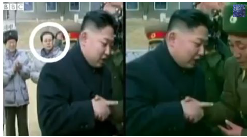 Nepohodlný severokorejský politik Jang-Song Thaek, vyretušovaný z fotky diktátora Kim Čong-una