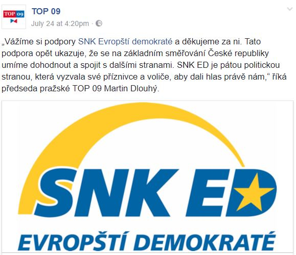 Vážíme si podpory SNK-ED, kterou sice nemáme, ale psát "Vážíme si podpory té malé části SNK-ED, která kašle na stranickou disciplínu" by bylo moc dlouhé a vypadalo by to hloupě.
