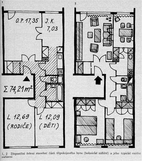 Dispoziční řešení stavební části třípokojového bytu v Bohnicích a jeho typické vnitřní zařízení
