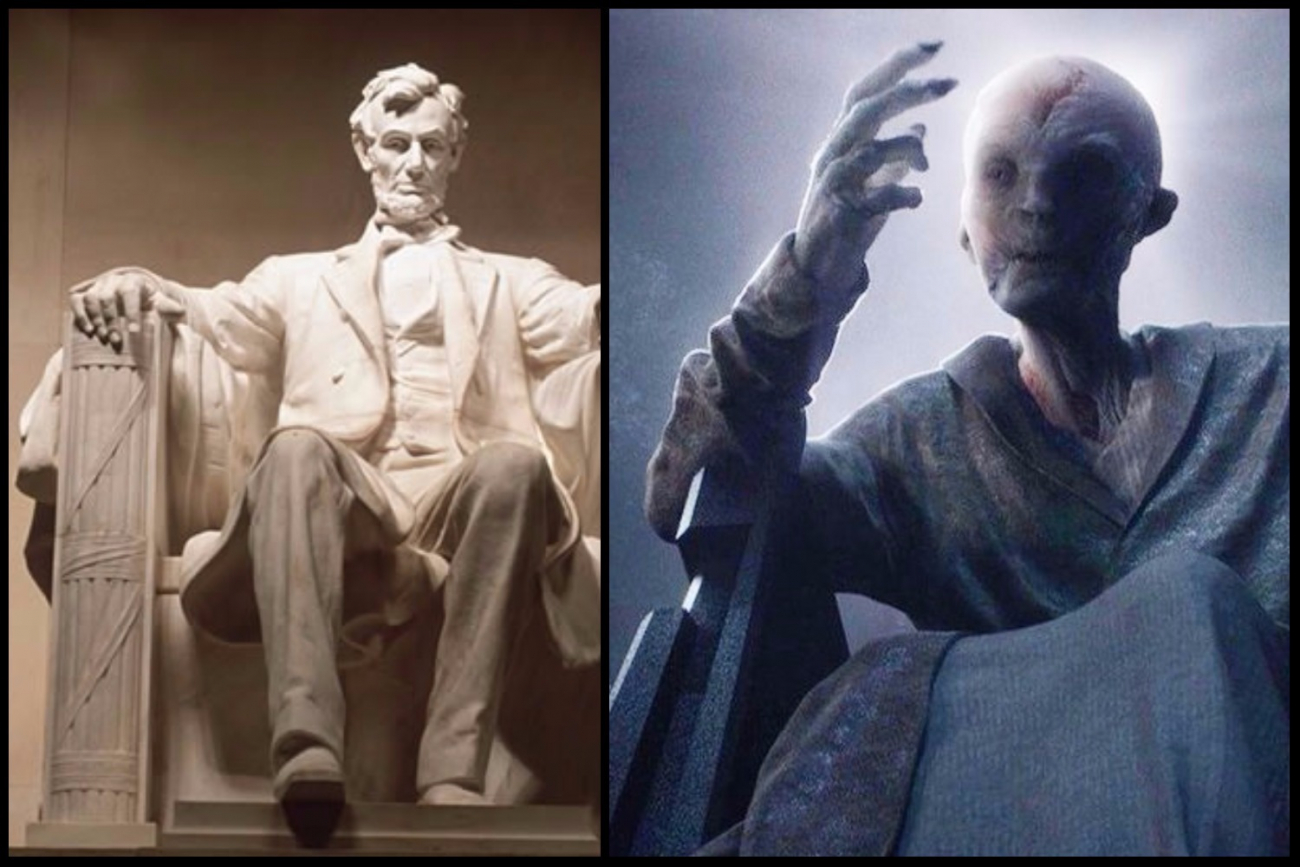 Zobrazení velitele Snokea v Epizodě VII je inspirováno monumentálním pomníkem Abrahama Lincolna.