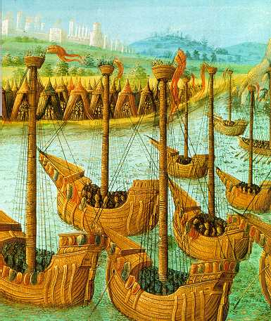 Středověké vyobrazení křižácké flotily před Konstantinopolí.