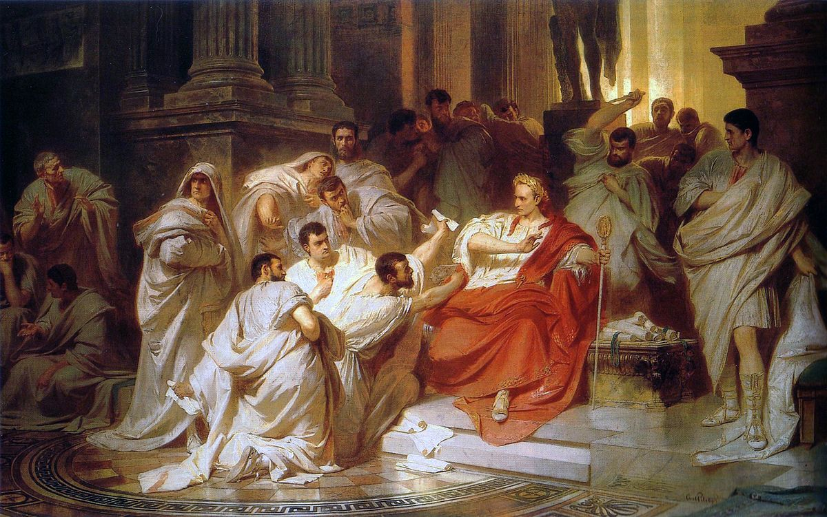 Vražda diktátora. Caesar obklopený senátory.