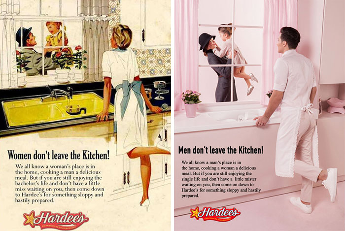 Ženy dřív patřily do kuchyně, v nové verzi plakátu je autorka pustí ven, zatímco ke dřezu uváže manžílka.