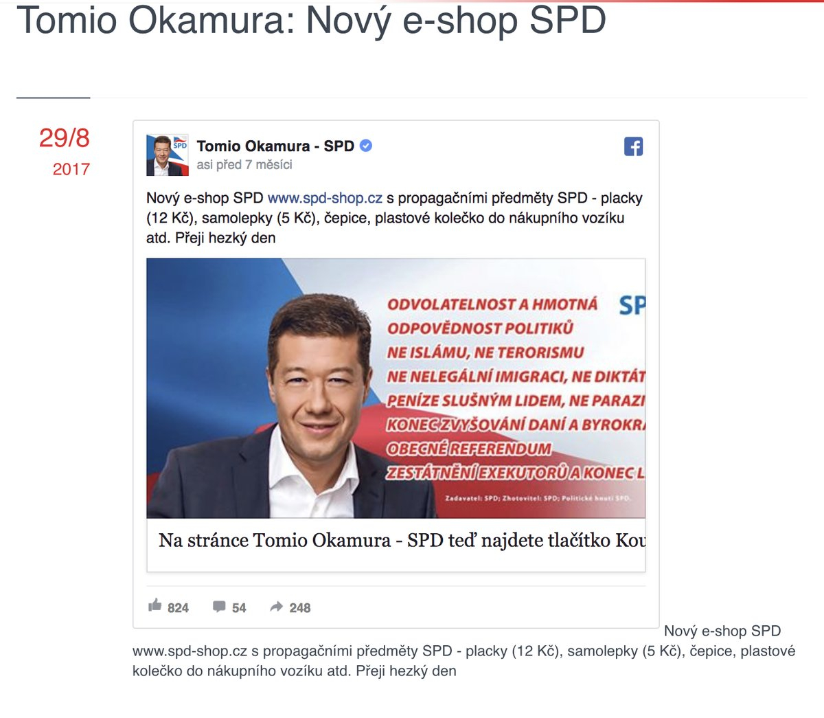 E-shop podle všeho napadl SPD teprve nedávno