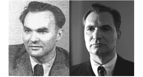 Vlevo šéf komunistické rozvědky Zdeněk Toman, vpravo jeho filmový představitel Jiří Macháček.