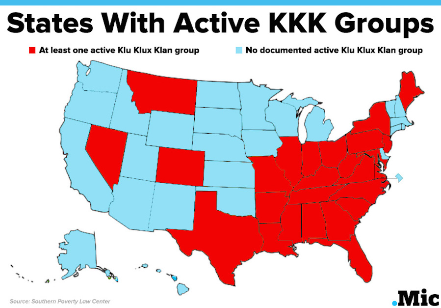 Mapa zobrazující aktivitu KKK ve všech státech USA