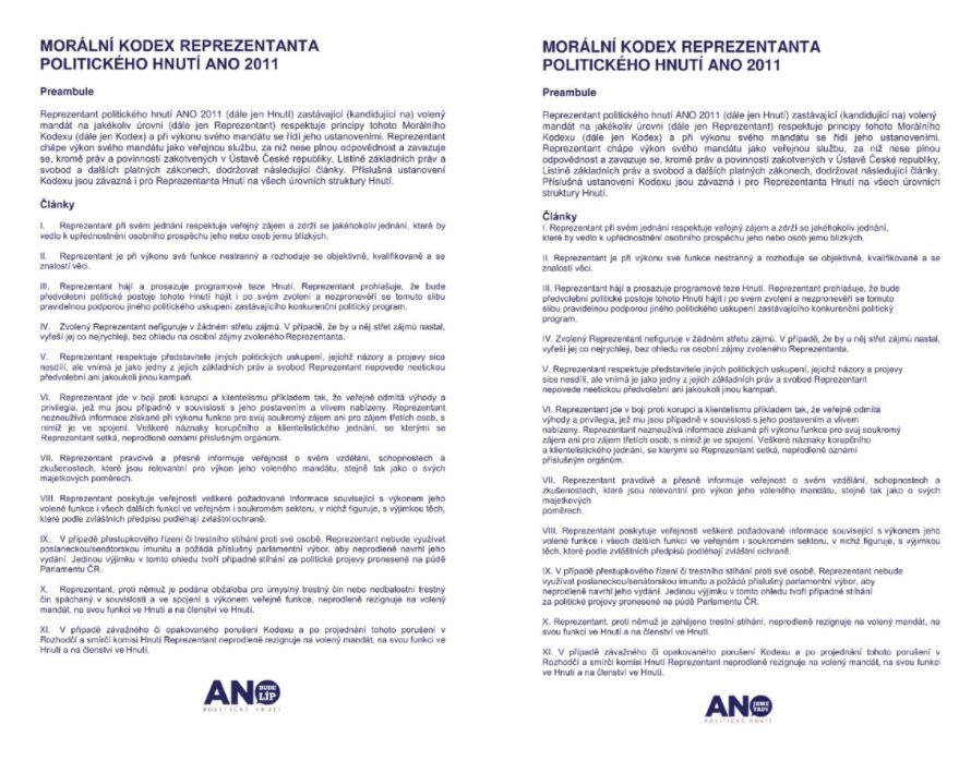 Vpravo původní verze morálního kodexu hnutí ANO, vlevo ta aktuální. Někde už líp je.