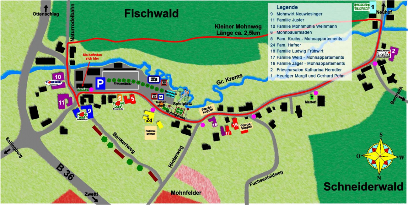 Mapa makové vesničky, která leží mezi městy Ottenschlag a Zwettl, jen zhruba 50 kilometrů od českých hranic. 