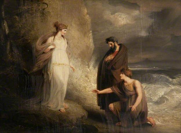 Telemachus s Mentorem připluli na ostrov Kalypsy. (Richard Westall, 1803)